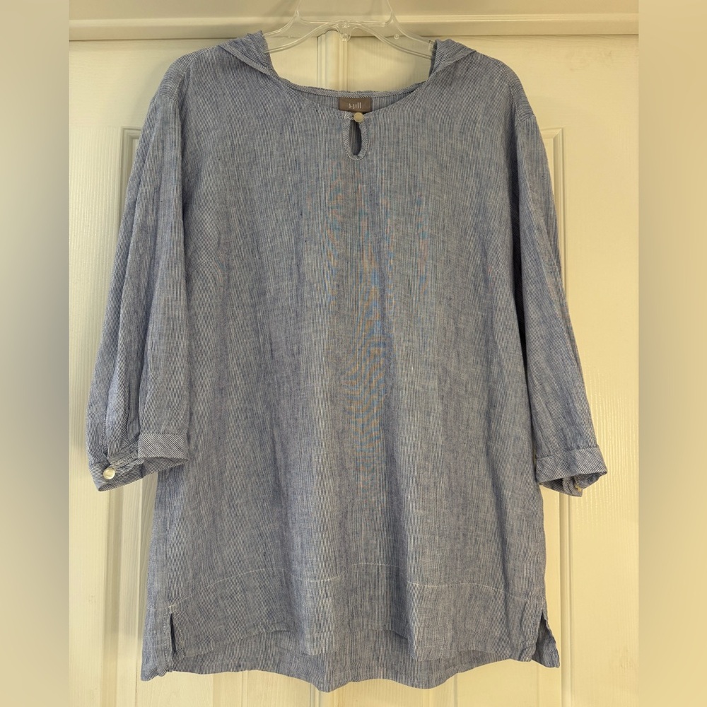 J.Jill Hooded Top Tunic Blue Sz M Linen Cotton Beach Lagenlook Oversize Nautical
